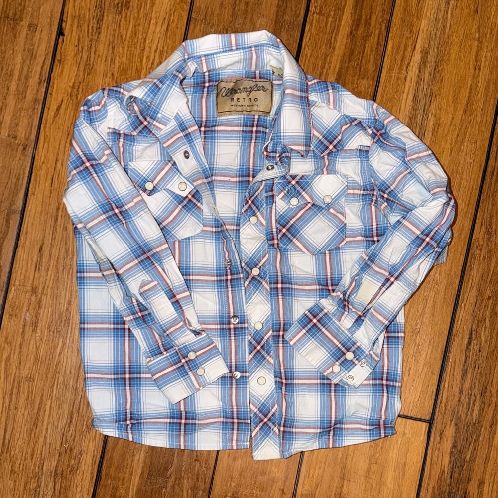 Wrangler Kids Blue and White Plaid Button Down Shirt